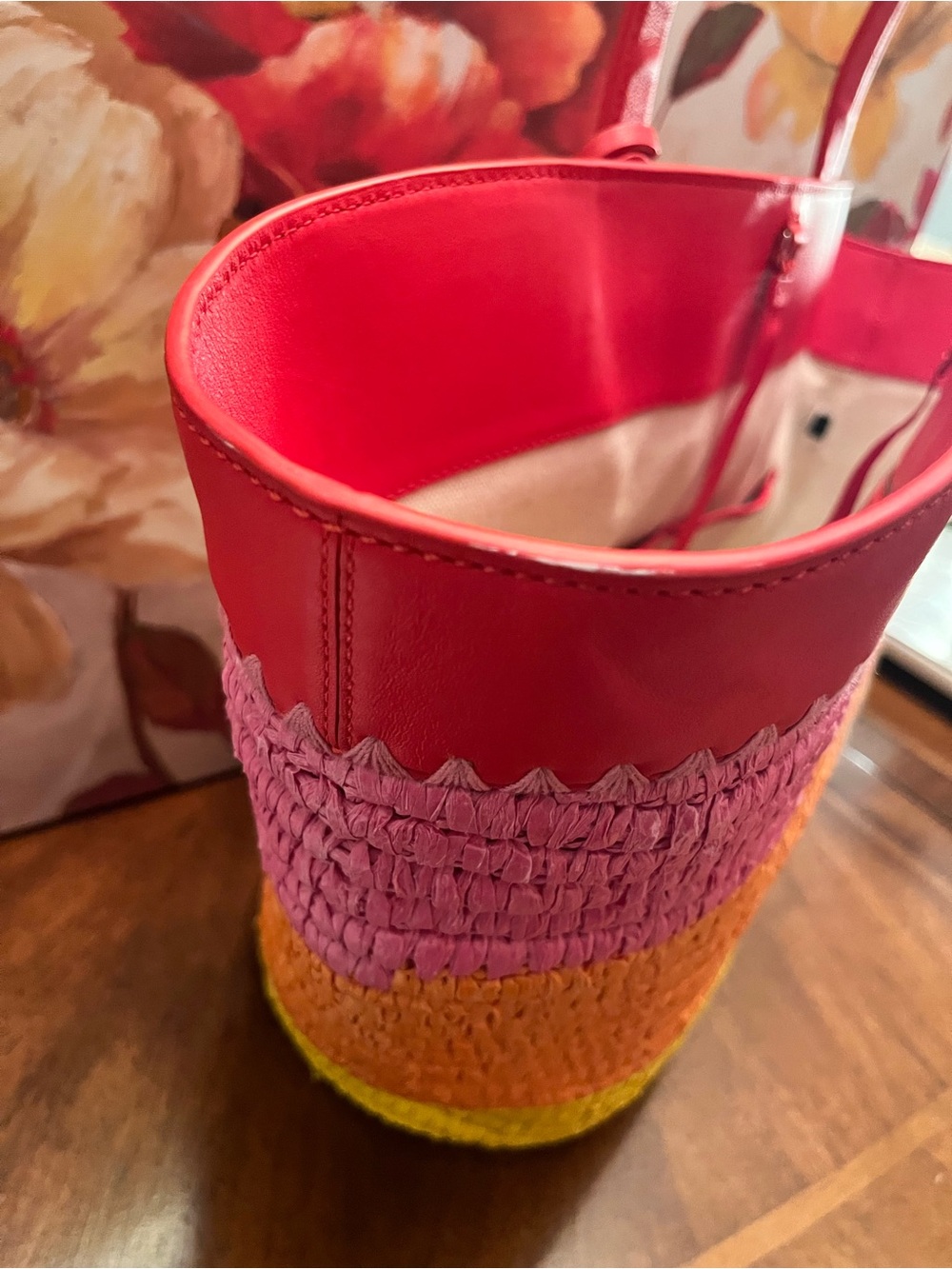 Kate Spade Pier Striped Straw Medium Tote in Pink, Orange & Yellow w/Tassel - Picture 8 of 17